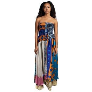 Boho Festival Patchwork Maxi Skirt Dress Smocked Waist"